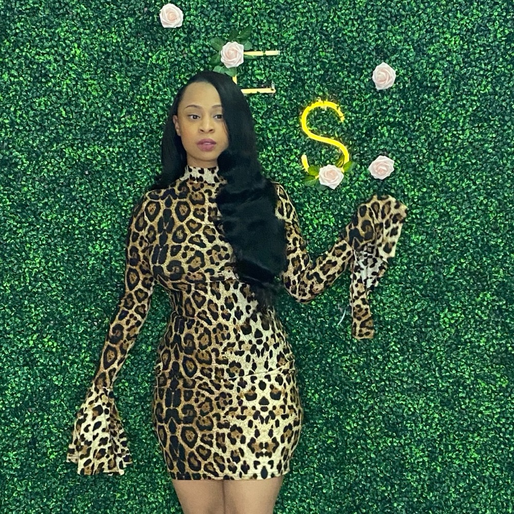 Leopard Stretch Bell Sleeve Mini Dress